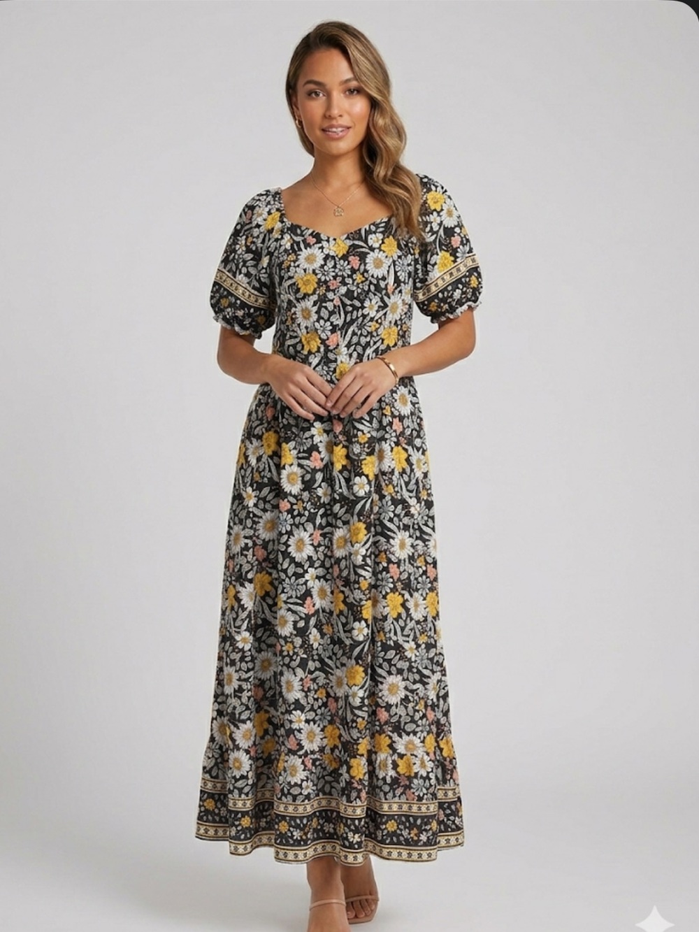 Piper and Scoot Floral Puff-Sleeve Midi Dress